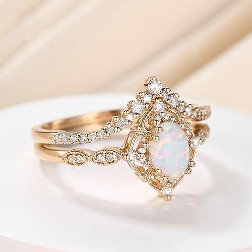 Vintage Opal Bridal Ring Set Art Deco 0.75ct Oval Opal Engagement Ring Set for Women S925 10k 14k 18k Rose Gold Moissanite Wedding Ring Set 2Pcs Anniversary Ring Gift for Her Free Engraved3