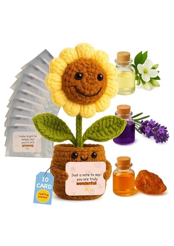 Handmade crochet sunflower plush with magnetic arms and a set of ten affirmation air freshener cards — a gift-format freshener.