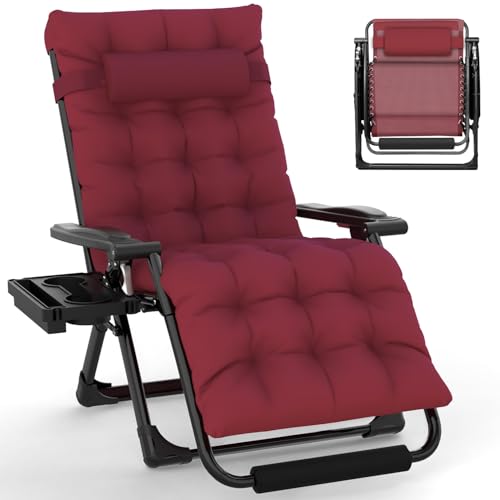 Image of Slendor Oversized Zero Gravity Chair XL,29IN Padded Anti Gravity Chair, Zero Gravity Lounge Chair, Folding Reclining Patio Chair w /Aluminum Alloy Lock, Headrest, Cup Holder, Wine Red