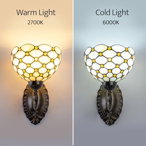 Image of Tiffany Style Wall Sconce White Amber Beads Stained Glass Lamp with 8-inch Lampshade for Bedroom Hallway Living Room Home Office