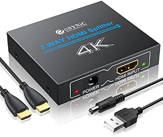 eSynic Professional HDMI Splitter 2 Way HDMI Splitter 1 In 2 Out 4K HDMI Splitter Bypass Aluminum Lossless Transmission HDMI Amplifier Supports HDCP 1.4 & 4K@30HZ Ultra HD for PS4 HDTV Projector etc