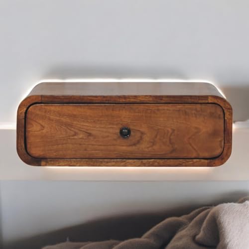 RiouPsithuric Mueble Flotante Moderno Mesita de Noche de Madera Maciza montada en la Pared, 1 cajón, Madera de Mango Color Miel Caramelo, Estante Flotante de cabecera Hecho a Mano con pomo discr