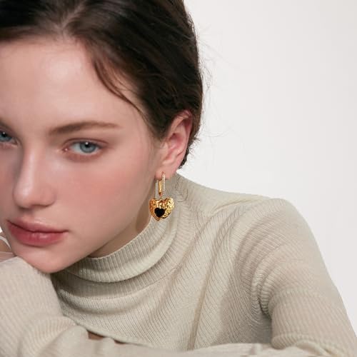 Unique Black Heart Pendant 18k Gold Plated Cubic Zirconia Hoop Earrings for Women.4