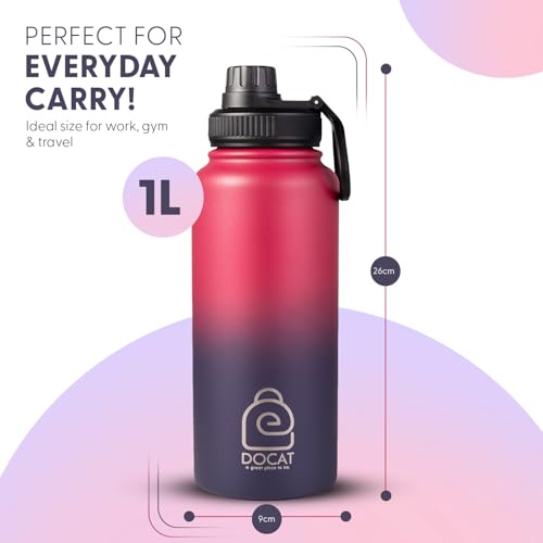 Image of DOCAT Water Bottle 1 Litre, Stainless Steel Sipper Water Bottle, Leak Proof Lid, Rust Proof, 24 Hours Hot and Cold Thermosteel Vacuum Insulated Water Bottle