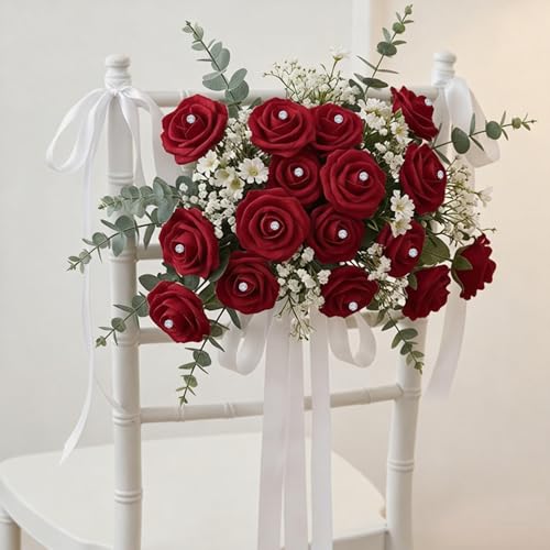 Image of 100Pcs Real Looking Burgundy with Diamonds Artificial Rose Flower Heads, Foam Fake Roses for DIY Wedding Decorations Baby Shower Centerpieces Home Party Valentine's Day Mother's Day Decor