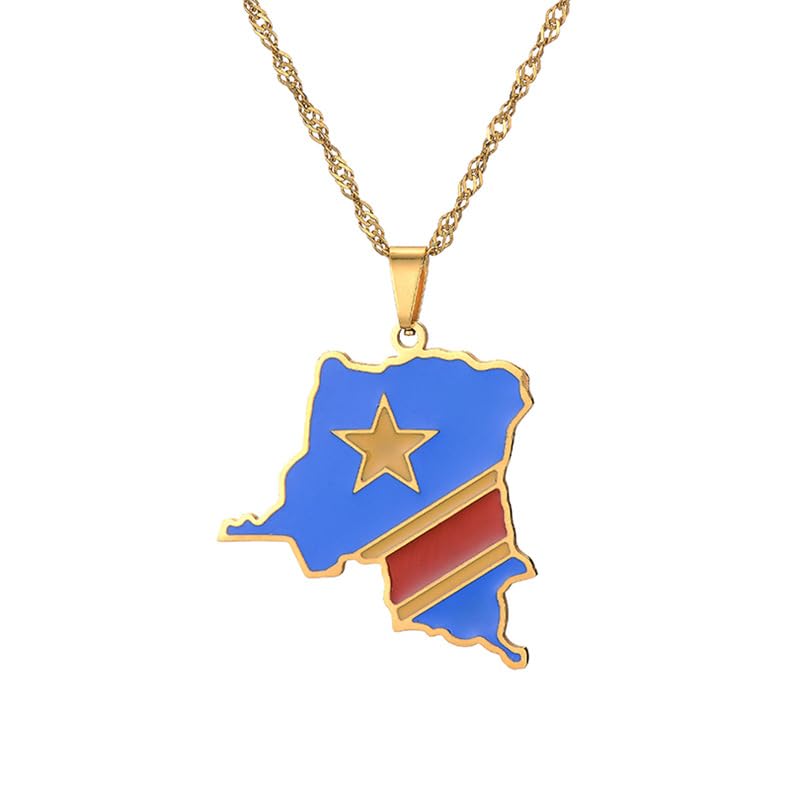 LUTAKU Collier avec pendentif carte et drapeau du Congo pour homme et femme, pendentif carte du Congo, accessoires de bijoux en acier inoxydable, Acier inoxydable
