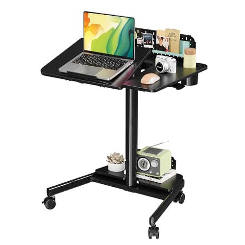 Image of JOY worker Mobile Standing Desk with 60 Tiltable Desktop, 28 inch Height Adjustable Rolling Desk, DIY Pegboard & Storage Base, Portable Laptop Desk with 4 Lockable Wheels for Home Office, Black