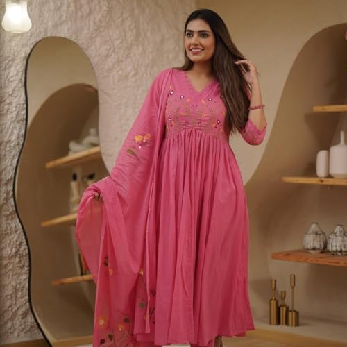 Image of KANCHAN TRADERS Women's Cotton Round Neck 3 /4 Sleeve Chikankari Embroidered Printed Kurta Palazzo with Dupatta Set
