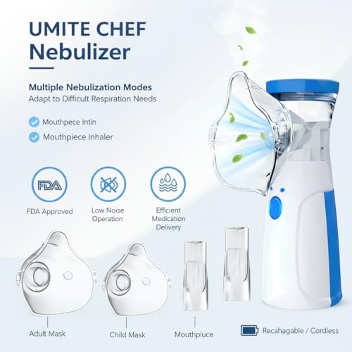 Image of Umite Chef Portable Mesh Nebulizer Machine for Adults & Kids | Rechargeable Handheld Steam Inhaler | Silent Mini Nebulizer for Asthma, Cough, Breathing Therapy | USB Powered - Blue