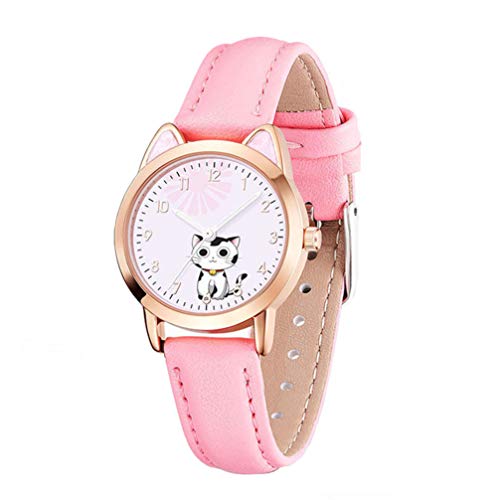 iplusmile Luminous Kids Watch Cartoon Watch for Girls, Cat Ear Shaped Pink Strap Wristwatch for Ladies Fashion Women Girls Gift