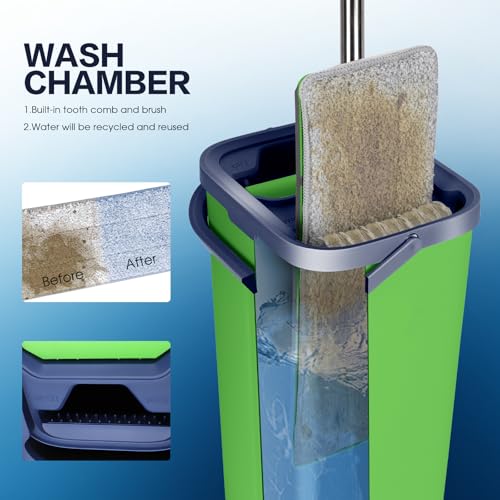 Masthome Wischmopp Set mit Eimer,138CM Wischmopp mit Auswringfunktion, Putzeimer mit Wischmop aus Edelstahl Griff und 5 Mikrofaser Pads,Flacher Bodenwischer Set alle Arten von Böden-Grüner – Bild 3