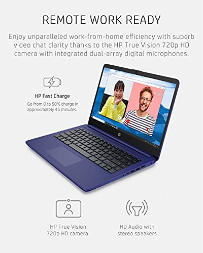 Image of HP 14 Laptop, Intel Celeron N4020, 4 GB RAM, 64 GB Storage, 14-inch HD Touchscreen, Windows 11 Home, Thin & Portable, 4K Graphics, One Year of Microsoft 365 (14-dq0050nr, Indigo Blue)