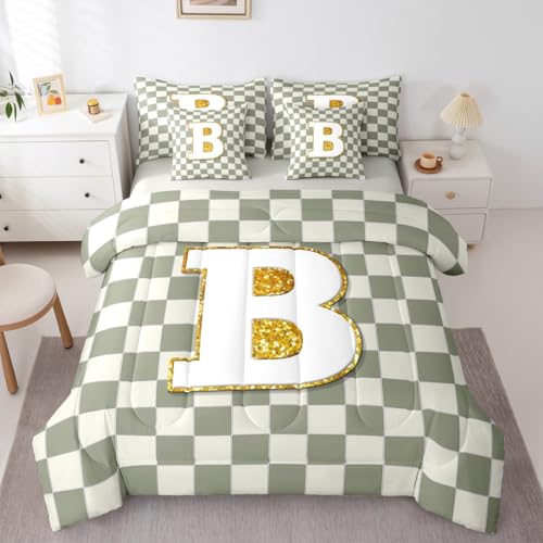 Image of Erosebridal Sage Green Checkered Queen Bed in A Bag 7 Piece Plaid Initial B Comforter Set with Sheets Personalized Monogram Bedding Sets for Kids Adults,Fashion Grids Gingham Bed Set