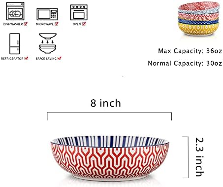 Selamica Ceramic 30 Ounce Large Pasta Bowls 8 inch Serving Bowls Wide and Shallow Microwave Dishwasher Safe Bowls Set of 4, Assorted Corlors