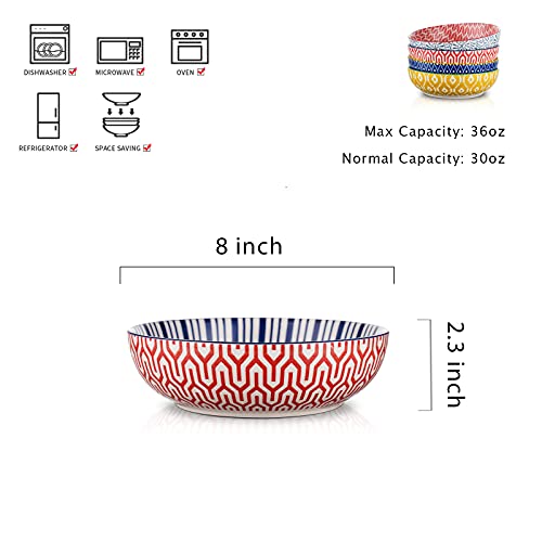 Selamica Ceramic 30 Ounce Large Pasta Bowls 8 inch Serving Bowls Wide and Shallow Microwave Dishwasher Safe Bowls Set of 4, Assorted Corlors