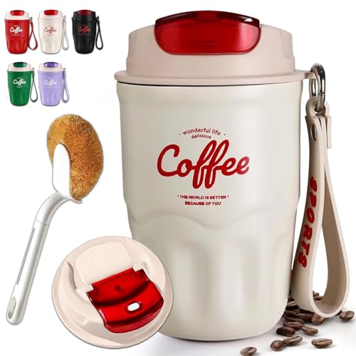 Image of Coffee Vacuum Flask, Portable Coffee Cup with Lid & Handle, Stainless Steel Insulated Water Bottle for Home, Office, and Outdoor Use, Insulated Travel Drinkware, Travel Coffee Mugs (White,Simple)