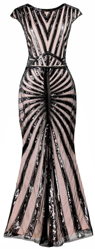Image of Women Evening Maxi Long Dress 1920s Sequin Mermaid Hem Wedding Prom Gown Costume w / 20s Gatsby Accessories Set