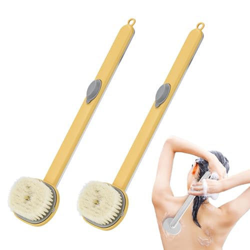 シャワー用バックスクラバー ロングハンドル バスマッサージクリーニングブラシ ソープディスペンサー付き シャワーバックスクラバー 男女兼用 高齢者用 角質除去 肌の健康改善 (イエロー、2個)