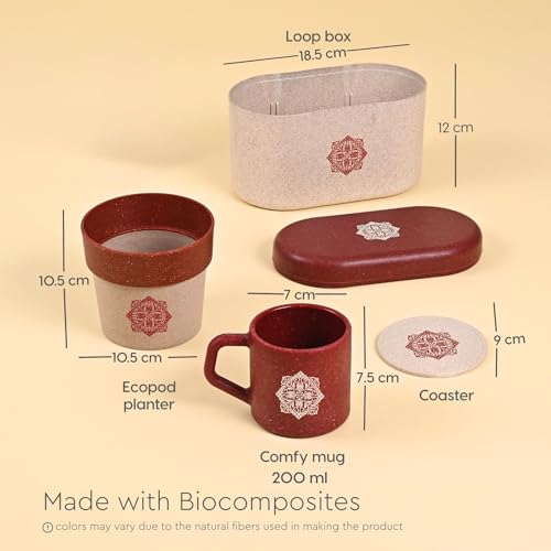 Image of Eha Earth-Friendly Wedding Gifts for Couple | Gifts Made with Rice Husk Biocomposite | One Printed Mug and Coasters Set of 2, Planter, Keychain, Loopac Box | 200 ml | Coral