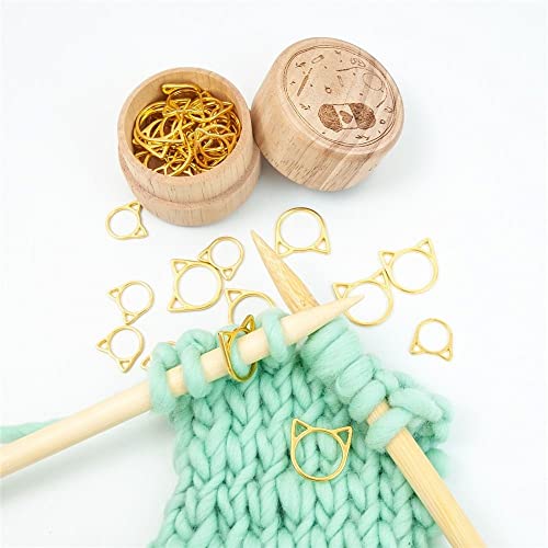 30 Pcs Stitch Markers with Wooden Storage Box, Cat Ears Metal Knitting Crochet Locking Markers Crochet Latching DIY Weaving Knitting Sewing Tools