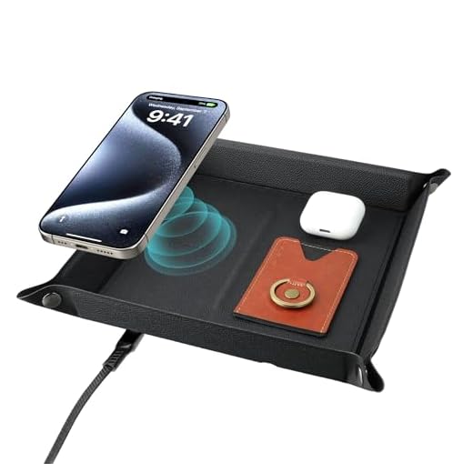 Leather Valet Tray for Men, LAVAVIK EDC Charging Trays, Nightstand Organizer Built in 15W Wireless Charger, Women Bedside Storage Dresser Top Dump Catchall Tray for Phone/Jewelry/Key/Wallet(Black)