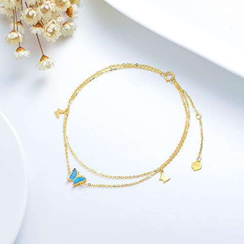 Rikelus 14K Real Gold Butterfly Anklets For Women Girls,Solid Gold Blue Opal Butterfly Ankle Bracelet Layered Foot Anklet Sea Beach Jewelry Gifts For Mothers Day Birthday 7.5/8+2 Inch #TOP4