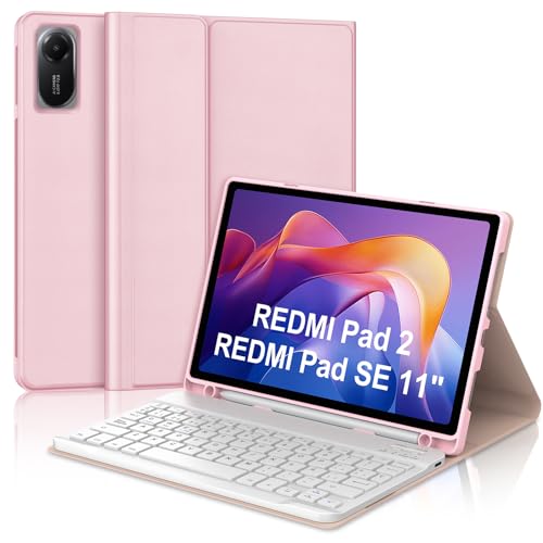 Teclado para Redmi Pad SE con portalápices y funda rosa contra golpes IVEOPPE