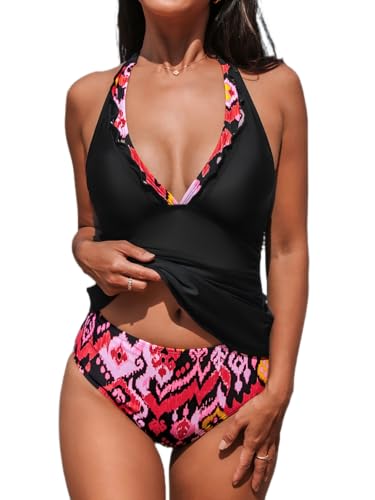 CUPSHE Women's Tankini Sets Halter V Neck Two Piece Bathing Suits Adjustable Straps Mid Rise Swimwear, L