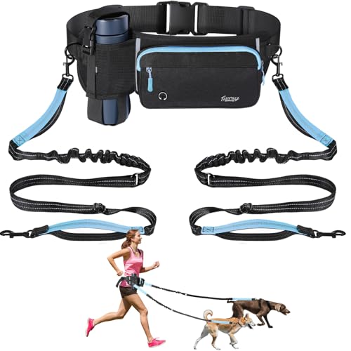 Tivray Correa para Perros Manos Libres 2 Perros, Correa de Cintura Ajustable Pasear Perro con Doble Bungees Mango Acolchado, Correa Trotar Amortiguador de Manos Actividades al Aire Libre, Negro+Azul