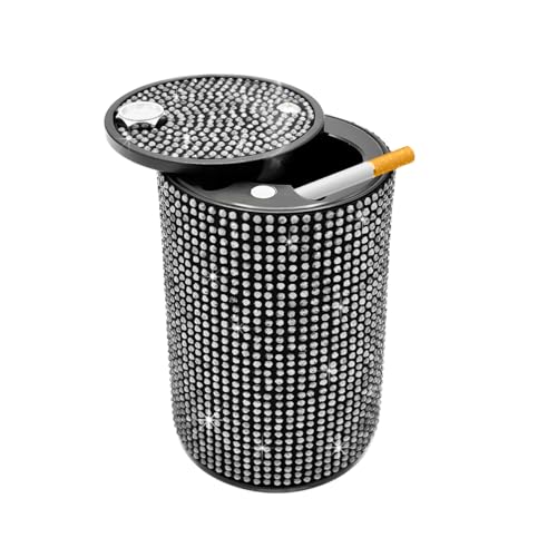 Image of Car Cigarette Ashtray with Lid, Stainless Steel Bling Crystal Diamond Smokeless Fireproof Vehicle Ashtray Holder, Portable Sparkling Ashtray Cup Holder for Car Home Office (White)