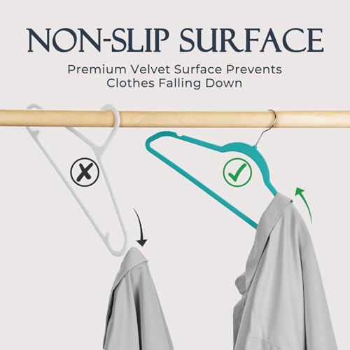 Image of HOUSE DAY Mint Green Velvet Hangers 60 Pack, Non Slip Clothes Felt Hanger Heavy Duty for Coat, Premium Slim Space Saving Suit Hangers for Closet Organizer, 360 Rotating Silver Hook