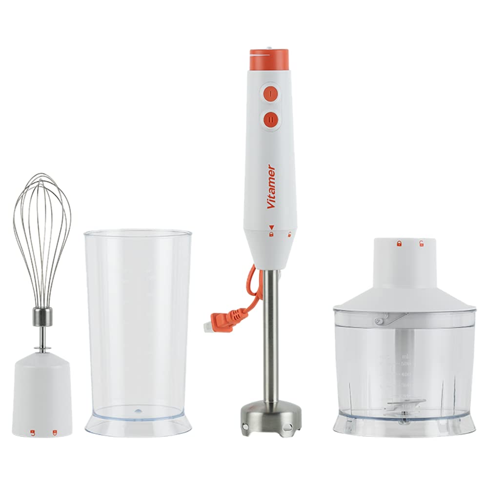 DibeaOneCloud VITAMER 4-in-1 Hand Blender Set, Kitchen aid Hand-Held Mixers Baby Food Blender, 300W Stick Blender with 700ml Mixing Beaker and 500ml Food Chopper,Egg Whisk, Stirrer, BPA-Free