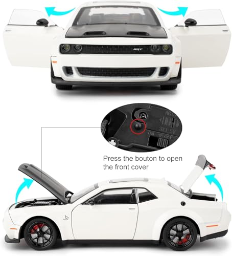 Image of 1:24 Dodge Challenger Diecast Toy Car - Multifunctional Alloy Model with Pull Back Action, Openable Doors, Bonnet & Boot, Sound & Light - Kids & Collector Gift (WHT+BLK)