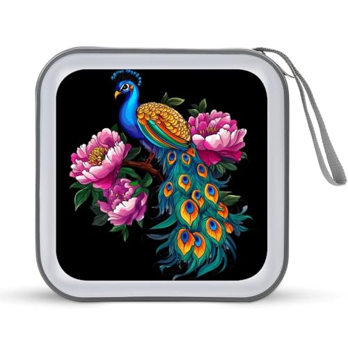 Beautiful Blue Peacock Peony CD Case Plastic DVD Case Holder Wallet Disc Storage Organizer for Car Travel