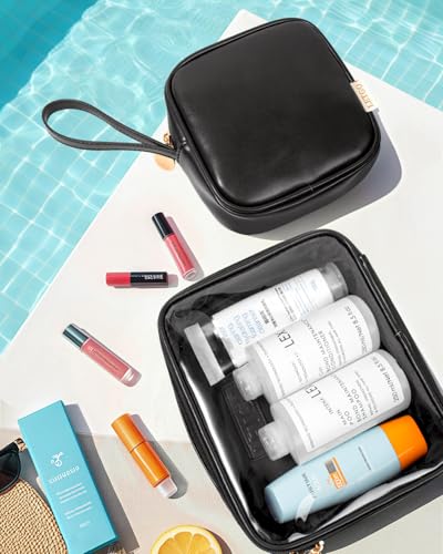 Image of LETGO TSA Approved Toiletry Bag, Clear Makeup Bags with Small Makeup Bags for Purse, Quart Size PVC Cosmetic Bags for Women and Men (No Handle-Black, Large+Mini)