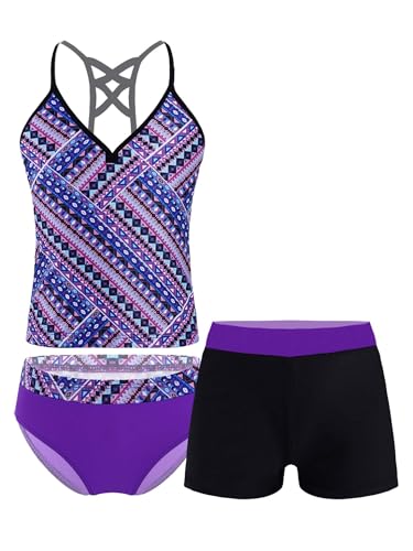 Hansber Kids Girls 3 Piece Tankini Floral Printed Tops with Boyshorts Bottoms Swimsuit Bathing Suit Orchid 143