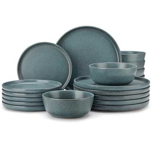 Image of vancasso Plates and Bowls Sets, 18 Pieces Stoneware Dinnerware Set for 6, Ceramic Dish Set for Kitchen, Microwave and Dishwasher Safe, Smoky Teal, Series ZERMATT