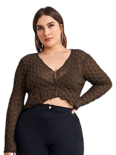 Floerns Women's Plus Size V Neck Lettuce Trim Long Sleeve Mesh Crop Top T Shirt