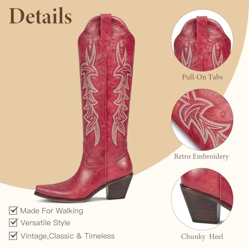 Image of wetkiss Women's Pointed Toe Cowboy Boots | Knee High Cowgirl Boots, Retro Embroidery, Chunky Heel, Pull-On, Style for a Classic Western Look,Stable and Comfortable