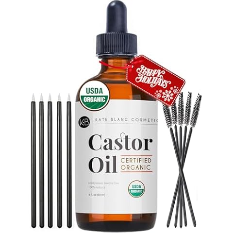 Kate Blanc Cosmetics Organic Castor Oil (4oz). 100% Pure, Cold Pressed, Hexane Free in a Glass Bottle. Stimulate Growth for Eyelashes, Eyebrows, Hair. Skin Moisturizer & Oil Cleanse with Starter Kit Cover