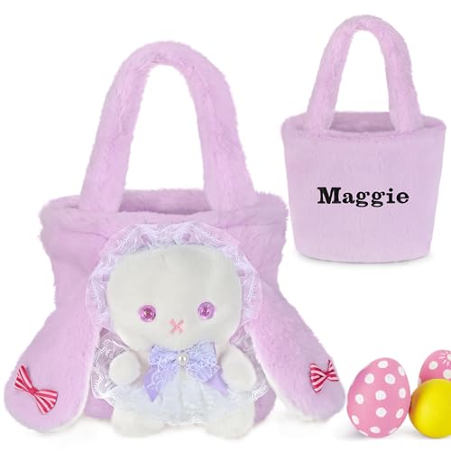 Personalized Easter Basket, PEMIRSAYO Easter Baskets for Kids, Bunny Easter Basket, Easter Egg Hunt Basket, Idea Easter Gifts, Easter Egg Basket - Purple Bow