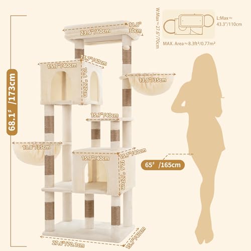 Image of Heybly 68.1 inch Cat Tree with Oversized Top Platform & Wide Base HCT059MJ | Heavy Duty Cat Tower for Large Indoor Cats with 2 Condos, 2 Hammocks, 10 Sisal Scratching Posts, Stable Cat House, Beige