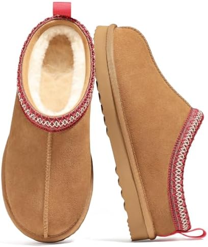 Genuine Suede Fuzzy Slippers for Women Winter Warm House Shoes Cozy Mini Boots for Indoor Outdoor