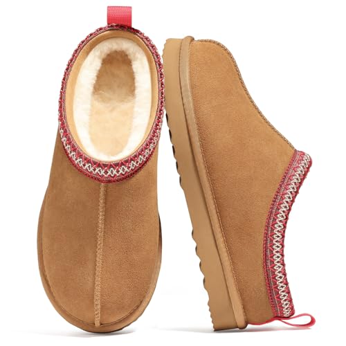 bebealy Genuine Suede Fuzzy Slippers for Women Winter Warm House Shoes Cozy Mini Boots for Indoor Outdoor, Brown 39