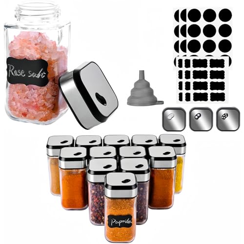 ROSNONG 12 Glass Spice Jars Set- Square Spice 120ml Seasoning Container For Kitchen Herbs, Spices, and Flavourings Kitchen Storage & Organisation of Spice Jars With Lids And Labels