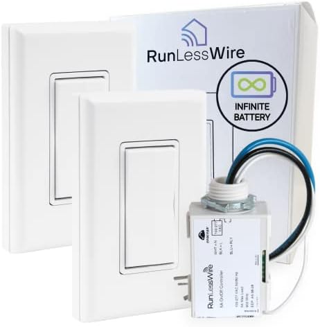 RunLessWire - The Original Self-Powered (NO Batteries) Wireless Light Switch & Receiver Kit No WiFi Needed DIY, Remote 150+ft RF Range - 3 Way: 1 Receiver, 2 Switches - White