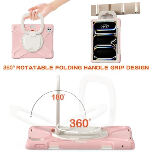 Coque iPad Pro 13 M5 M4 rose antichoc avec support rotatif et protège-écran - 3
