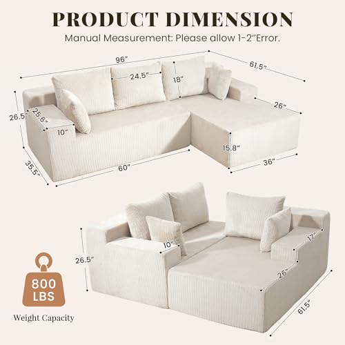 Image of GRUSIGN Cloud Sectional Boneless Couches for Living Room, Modular L Shaped Couch with Deep Seat Oversized Right Facing Chaise, Memory Foam Compressed Spineless 3 Seater Sofa for Apartment, Beige