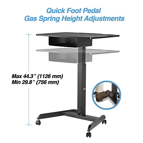 Avlt 44" Height Adjustable Foot Pedal Rolling Desk With Shelf (3 Ft 8 Inches) - Pneumatic Laptop Standing Desk Cart - Mobile Laptop Cart - Black Computer Projector Cart With Brake Casters #TOP2