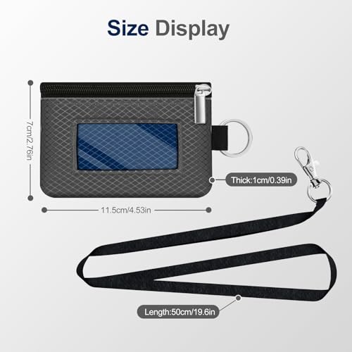 Image of Minimalist RFID Blocking Small Wallet with ID Window,WaterResistant Zip Id Case Wallet with Lanyard Keychain for Cards,Cash,Travel,Women,Men (DarkGrey /Electric Blue)